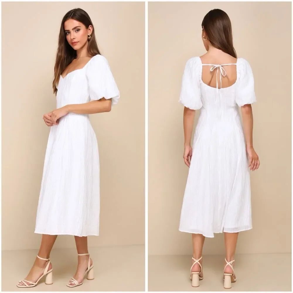 NWT Lulus Heavenly Energy White Puff Sleeve Pleated Midi Dress Romantic 2XL